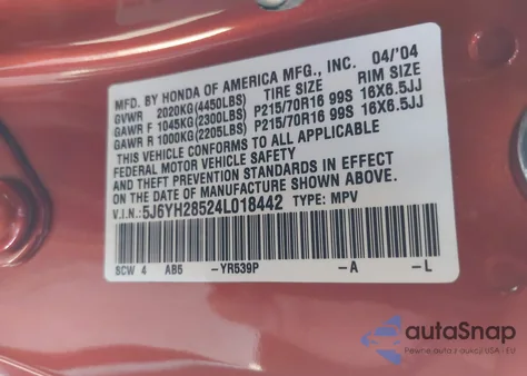 2004 Honda Element Ex z USA, uszkodzony, nr VIN 5J6YH28524L018442